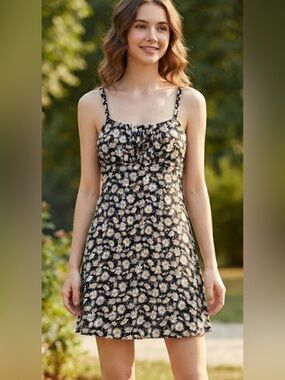 Wallflower Black Floral Sundress with Cream Daisies Size Small